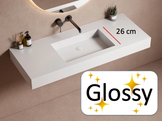 Washbasin top, custom-made, Width 80 to 200 cm x Depth 46 to 80 cm, high quality composite resin, GLOSSY white smooth finish, Free Delivery.